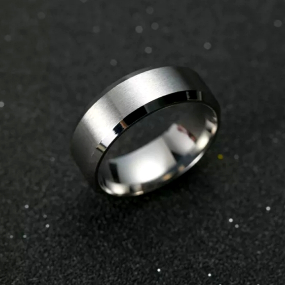 Men Stainless Steel 8mm Brushed Finish Ring with Beveled Edges - Picture 1 of 7